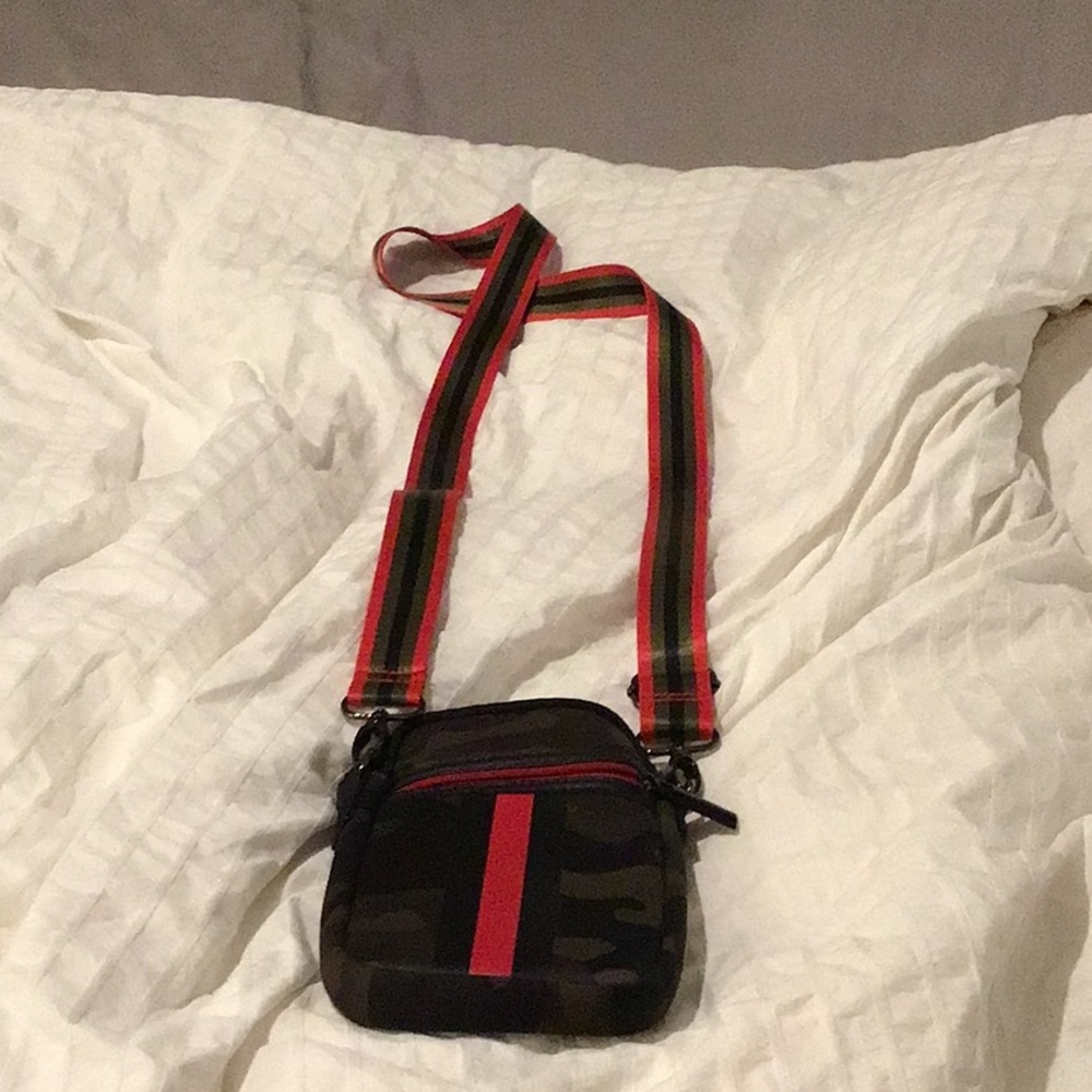 Haute Shores Stylish Camouflage Crossbody Bag with Red Stripe